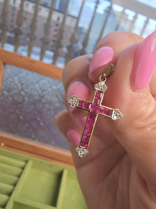 Vintage Ruby and Diamond Cross Pendant 14K Two Tone Gold