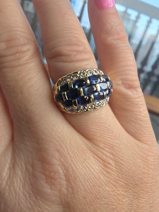 Estate 14K Gold 2.60 Carats Blue Sapphire Ovals and Diamond Wide Band Ring