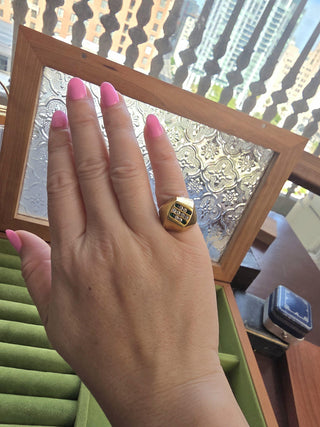Vintage 18K Yellow Gold Emerald and Diamond Geometric Dome Signet Ring