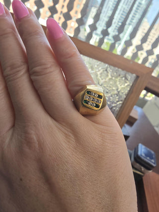 Vintage 18K Yellow Gold Emerald and Diamond Geometric Dome Signet Ring