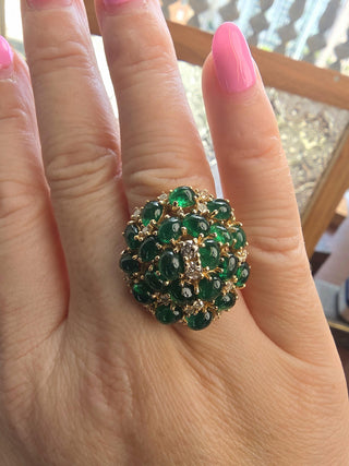 Vintage 14K Gold 7.50 Carats Emerald Cabochon Cluster Cocktail Ring