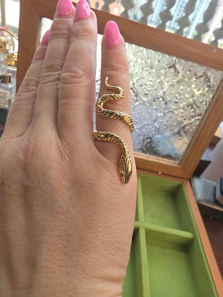Vintage 14K Serpent Long Ring with Emerald Eyes