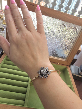 Victorian 1.20 Carats Old Mine Cut Diamond Floral Bangle 14K Gold and Silver