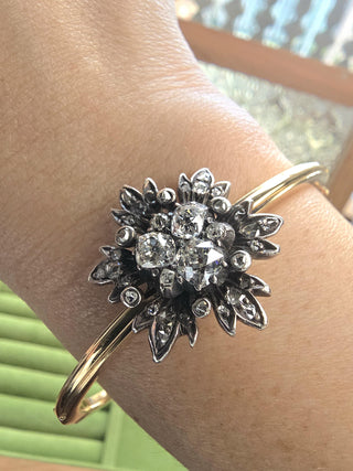 Victorian 1.20 Carats Old Mine Cut Diamond Floral Bangle 14K Gold and Silver