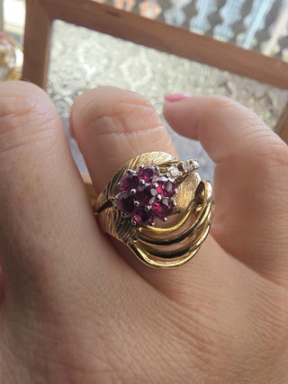 Vintage 13.5K Gold Ruby and Diamond Floral Cocktail Ring