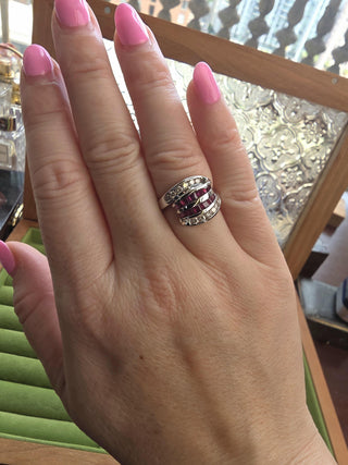 Vintage 18K WG 1 Carat Ruby and Diamond Channel Set Cocktail Ring