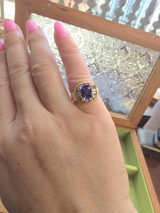 Vintage 14K Gold 1 Carat Tanzanite Cushion and Diamond Cocktail Ring