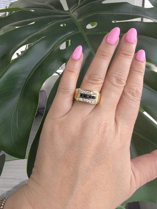 Vintage 18k Gold 3 Row Signet Style Blue Sapphire and Diamond Channel Set Ring