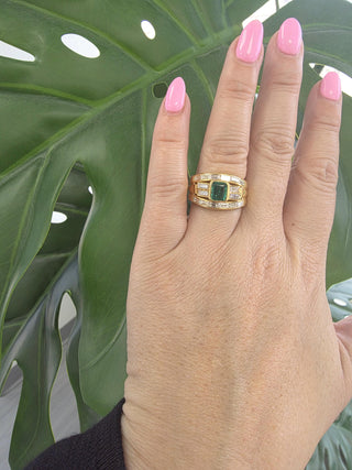 Vintage 18K Gold 1 Carat Emerald 2 Carats Baguette Diamond Wide Band