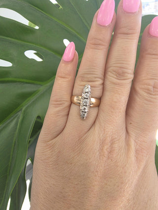 Antique Edwardian Old Mine Cut Diamond Navette Ring 14K Rose Gold Silver Top