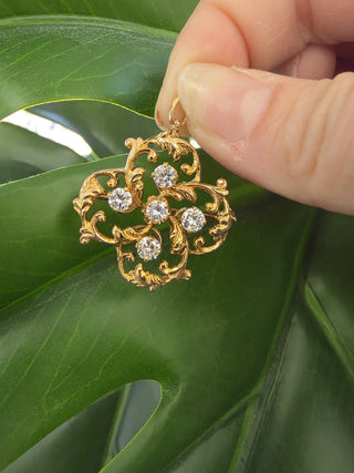 Vintage 14K 0.90 Carats Diamond Gilded Clover Brooch Pendant