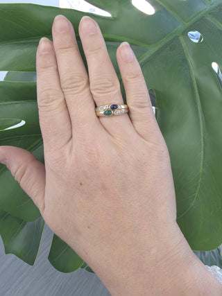Vintage 14K Emerald and Sapphire Cabochon Bezel Set Diamond Ring Band