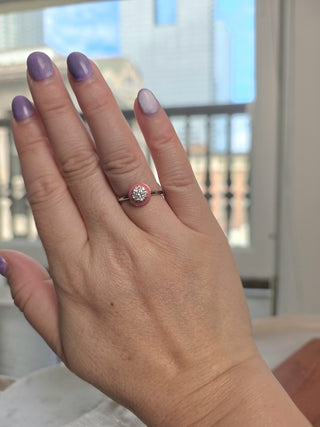 Vintage Inspired Platinum Pink Enamel Halo and Diamond Pace Circle Ring