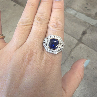 Estate 18K Gold 3.75 Carat Blue Sapphire Cushion 1.50 Carat Diamond Ring