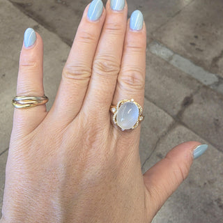 Vintage 14K Gold Moonstone Cabochon Oval and Diamond Cocktail Ring