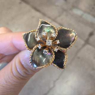 Estate 18K Gold Mother of Pearl and Diamond Floral Cocktail Ring