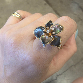 Estate 18K Gold Mother of Pearl and Diamond Floral Cocktail Ring