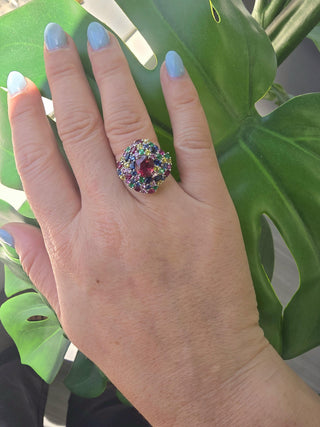 Estate 18-Karat Platinum Ruby and Multi color Tutti Frutti Style Cluster Ring