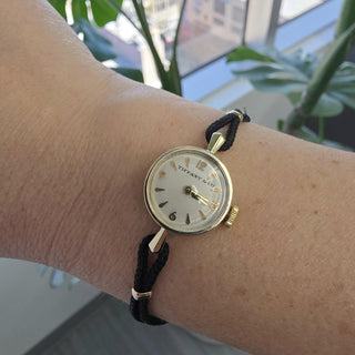 Vintage 14K Tiffany & Co. Circle Dial Brown Nylon Bracelet Watch