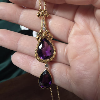 Antique 14K Gold 10 Carats Amethyst and Diamond Tear Drop Necklace