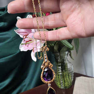 Antique 14K Gold 10 Carats Amethyst and Diamond Tear Drop Necklace