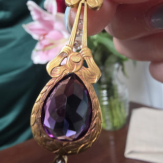 Antique 14K Gold 10 Carats Amethyst and Diamond Tear Drop Necklace