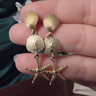 Vintage 14K Yellow Gold Seashell and Starfish Dangle Earrings
