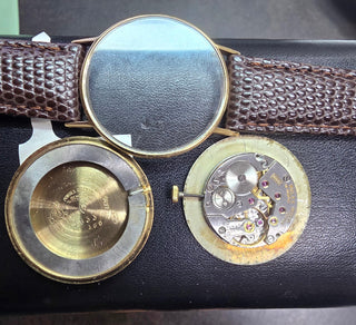 Vintage Rolex Cellini 18K Gold Champagne Dial Brown Leather Strap Watch