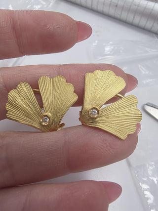 Vintage Paolo Spalla 18K Gold Gingko Leaf Diamond Stud Earrings