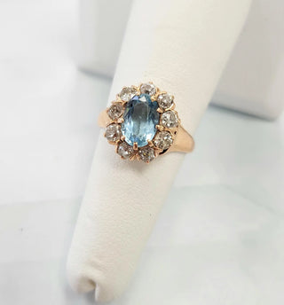 Victorian Aquamarine & Old Mine Cut Diamond Ring in Rose Gold | Antique Ring c. 19th Century