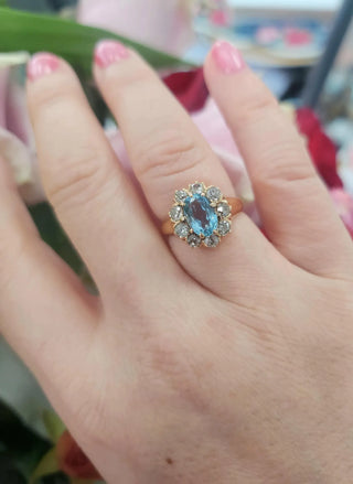 Victorian Aquamarine & Old Mine Cut Diamond Ring in Rose Gold | Antique Ring c. 19th Century