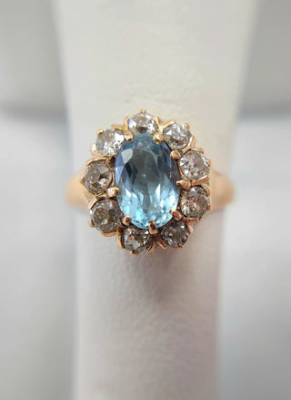 Victorian Aquamarine & Old Mine Cut Diamond Ring in Rose Gold | Antique Ring c. 19th Century