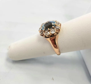 Victorian Aquamarine & Old Mine Cut Diamond Ring in Rose Gold | Antique Ring c. 19th Century