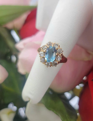 Victorian Aquamarine & Old Mine Cut Diamond Ring in Rose Gold | Antique Ring c. 19th Century