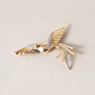 Vintage 1.75 Carats Italian Diamond & Ruby Phoenix Bird Brooch 18K and Platinum