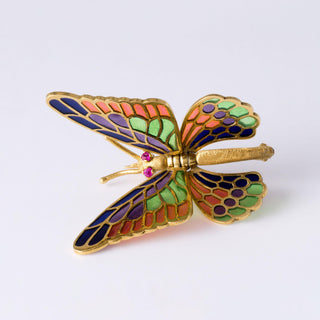 18K Yellow Gold Articulated Butterfly Brooch with Color Applique Made in Spain