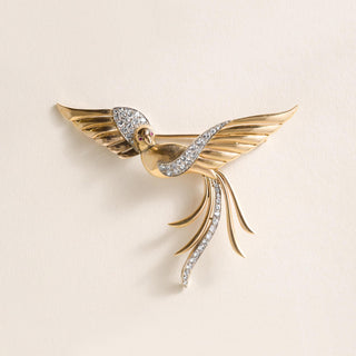 Vintage 1.75 Carats Italian Diamond & Ruby Phoenix Bird Brooch 18K and Platinum