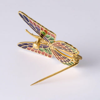 18K Yellow Gold Articulated Butterfly Brooch with Color Applique Made in Spain