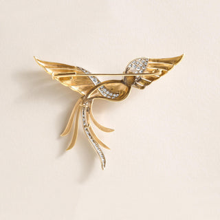 Vintage 1.75 Carats Italian Diamond & Ruby Phoenix Bird Brooch 18K and Platinum