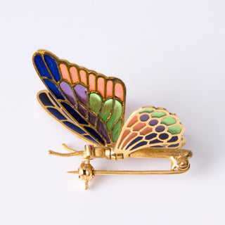 18K Yellow Gold Articulated Butterfly Brooch with Color Applique Made in Spain