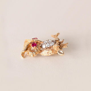Vintage Owl Diamond and Ruby Eyes Brooch 14K Yellow Gold