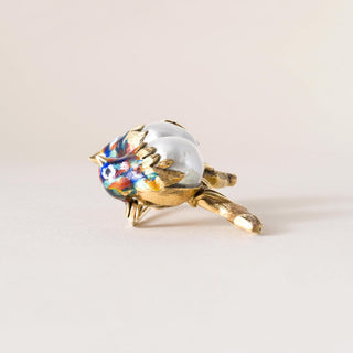 Vintage Italian 18K Gold Lovebirds Enamel Baroque Pearl Brooch 1980s Figural