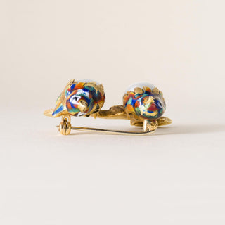 Vintage Italian 18K Gold Lovebirds Enamel Baroque Pearl Brooch 1980s Figural