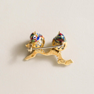 Vintage Italian 18K Gold Lovebirds Enamel Baroque Pearl Brooch 1980s Figural