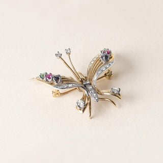 Estate Multi Gemstone and Diamond Butterfly Brooch 14K Two Tone Gold