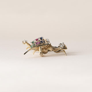 Estate Multi Gemstone and Diamond Butterfly Brooch 14K Two Tone Gold