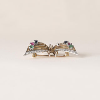 Estate Multi Gemstone and Diamond Butterfly Brooch 14K Two Tone Gold