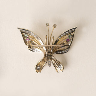 Estate Multi Gemstone and Diamond Butterfly Brooch 14K Two Tone Gold