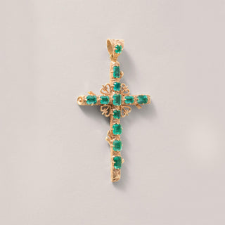 Vintage 18K Yellow Gold Colombian Emerald Cross Pendant