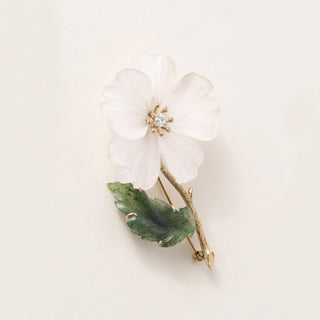 Vintage 14K Gold Quartz and Nephrite Flower Diamond Brooch